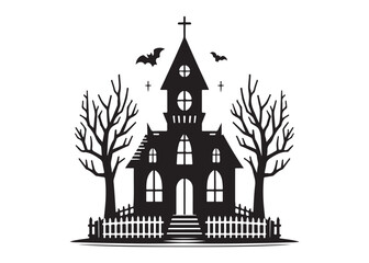 halloween hunted house logo silhouette vector, hunted house silhouette vector art illustration, black haunted house , haunted house full moon night logo silhouettes vector on white background. 