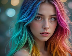 Fototapeta premium Young woman with vibrant, multi-colored dyed hair looking thoughtfully into the distance.