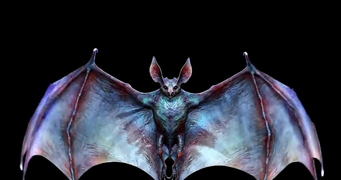 Detailed close up of a bat with wings spread against a stark black background