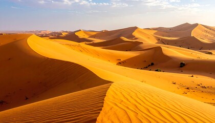 Vast golden sand dunes stretch across the landscape under a pale sky.