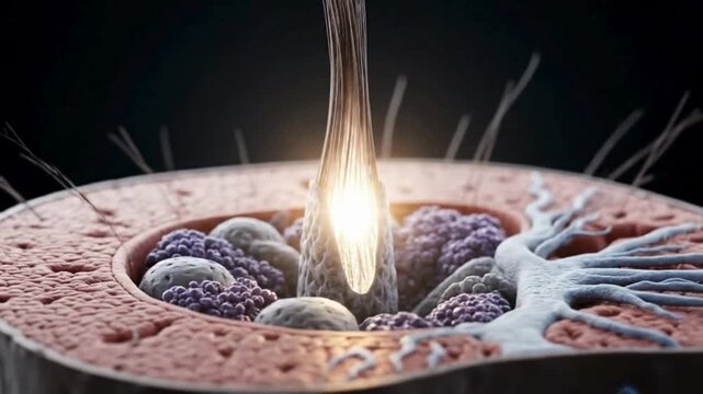 A 3D animation visualizing advanced hair follicle care. The camera focuses on a detailed cross-section of a hair strand and its root follicle embedded in the scalp.