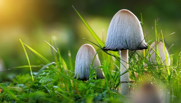 Detailed Close Up Of Coprinus Comatus Mushrooms Emerging From Vibrant Green Grass Focus On The Intricate Textures Of The Mushroom Caps And The Surrounding Foliage Natural Lighting High Resolution