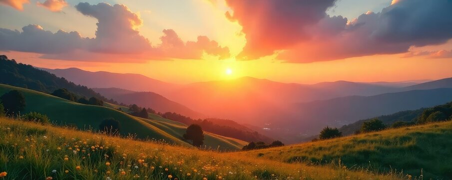 Serene landscape at sunrise, perfect for prayer or meditation; peaceful sky, gentle hills, inspiring nature scene Ideal for religious or spiritual themes , background, graphic, element