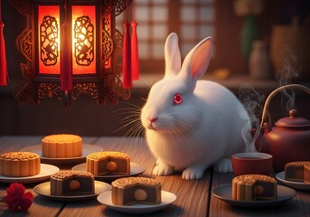 White rabbit with red eyes and mooncakes during chinese new year