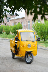 Obraz premium Yellow electric cargo tuk tuk in the park