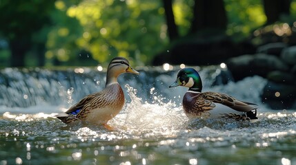 Two ducks interacting in a shallow, fast-flowing stream, surrounded by a lush green forest. Possible use nature scene