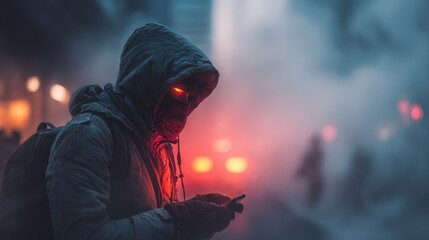 Cyberpunk hooded figure with glowing red eyes in neon lights urban cyber cityscape sci-fi portrait night scene
