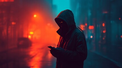 Cyberpunk hooded figure with glowing red eyes in neon cityscape futuristic hacker style portrait night urban scene