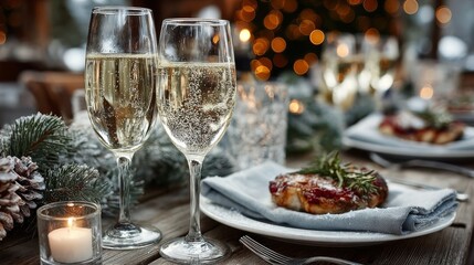 Elegant Christmas dinner setting with champagne flutes and steak, warm golden, white, green, and red colors, representing festive celebration and holiday dining.