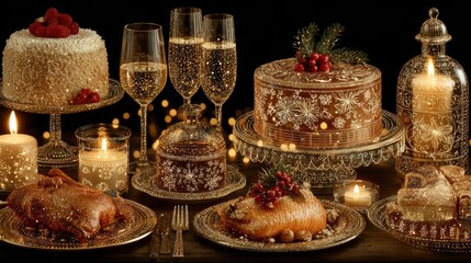 Fototapeta premium Luxurious Christmas feast spread with cakes, turkey, champagne, and candles, rich golden, white, and red colors, representing grand holiday celebration and festive dining.