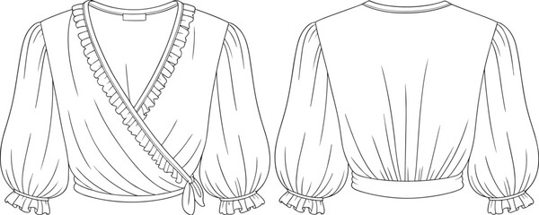 Wrap Ruffle Blouse CAD Illustration, Long Puff Sleeve Fashion Flat, Technical Apparel Drawing for Women’s Wear Design, Vector Sketch for Designers