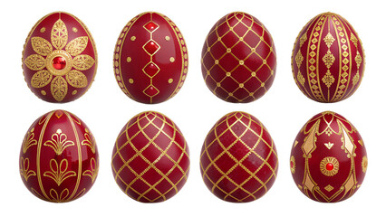 Ruby & Gold Royal Easter Eggs PNG Set &ndash;  Luxury Decorative Eggs with Gemstone Red and Golden Patterns, Transparent Background, No Shadows