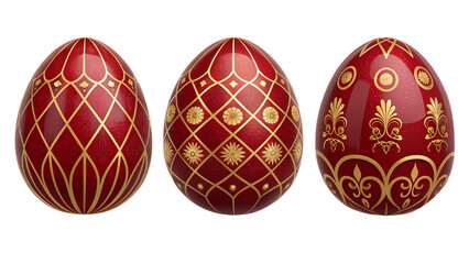 Ruby & Gold Royal Easter Eggs PNG Set &ndash;  Luxury Decorative Eggs with Gemstone Red and Golden Patterns, Transparent Background, No Shadows
