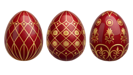Ruby & Gold Royal Easter Eggs PNG Set –  Luxury Decorative Eggs with Gemstone Red and Golden Patterns, Transparent Background, No Shadows