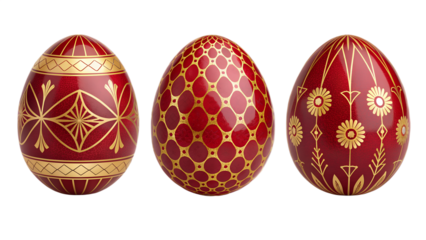Ruby & Gold Royal Easter Eggs PNG Set –  Luxury Decorative Eggs with Gemstone Red and Golden Patterns, Transparent Background, No Shadows