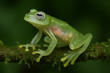 Close-up of a Reticulated Glass Frog (Hyalinobatrachium valerioi) on a mossy branch, showcasing its translucent skin and visible internal organs.