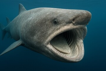 A rare deep-sea Megamouth shark (Megachasma pelagios) swimming in the blue ocean with its huge mouth wide open for filter feeding.