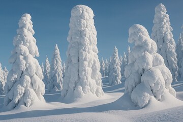 Famous "Snow Monsters" (Juhyo), spectacular frost-covered trees on a snowy mountain slope under a clear blue winter sky.