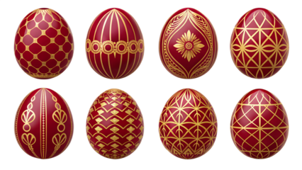 Ruby & Gold Royal Easter Eggs PNG Set –  Luxury Decorative Eggs with Gemstone Red and Golden Patterns, Transparent Background, No Shadows