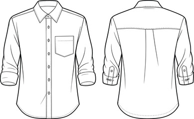 Long sleeve button up shirt fashion flat sketch, front and back technical drawing, rolled sleeve tab detail, vector apparel CAD illustration