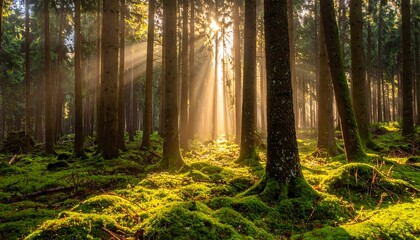 Obraz premium Sunlight streams through a dense forest, illuminating the mossy ground with golden rays, creating a serene and tranquil scene.
