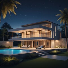 Luxurious modern villa with swimming pool and palm trees at night
