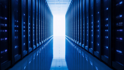 A clean symmetric view along a cloud data center aisle with blank server racks and cool LED light.