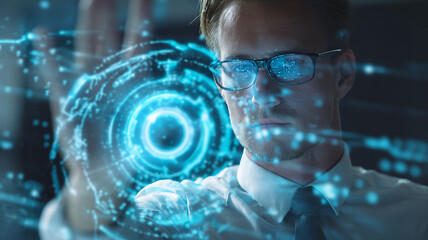 Person using smart glasses to interact with holographic digital interface in high-tech environment