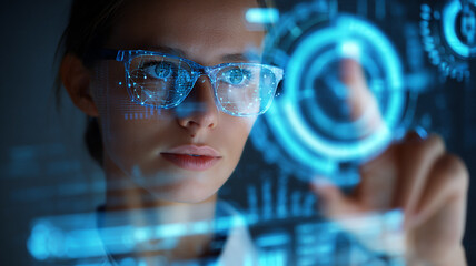 Person using smart glasses to interact with holographic digital interface in high-tech environment