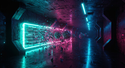 Futuristic neon tunnel with a glowing rectangle and sphere breaking into pieces