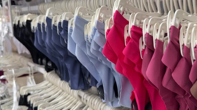 Stylish Collection of Adjustable Sports Bras Displayed on Hangers for Easy Viewing. Visually appealing and attractive display of sports bras in variety of delightful colors, ready for eager shoppers.