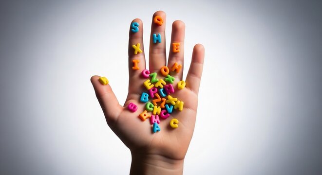 Open hand holding a pile of colorful alphabet letters against a gradient gray background studio shot