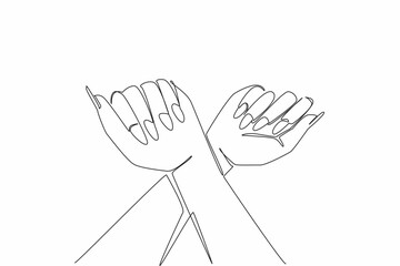 Single one line drawing a pair of crossed hands showing colorful nails. Pose for a digital advertisement. Showing the beauty of a nail. Beautiful. Nail Day. Continuous line design graphic illustration