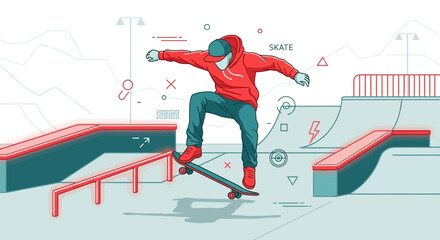 Dynamic skater performing a trick at skatepark with vibrant colors and abstract design elements