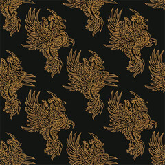Ornate gold phoenix pattern on black background showcases intricate mythical design, seamless pattern, royalty free stock.