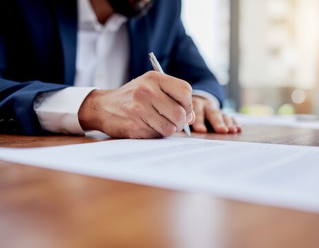 Business professional signing a contract on a document on a desk