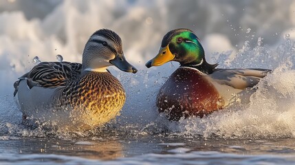 Two ducks splashing in shallow water, waves in background