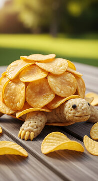 Naklejki Creative food art featuring a charming turtle sculpture made entirely of crispy, ridged potato crisps on a sunny day