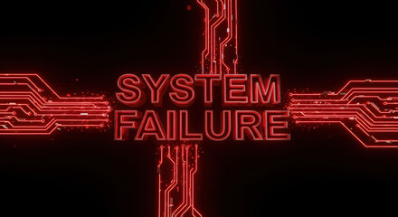 Red glowing system failure text on dark background with circuit board pattern. Computer system failure message signifies critical malfunction.