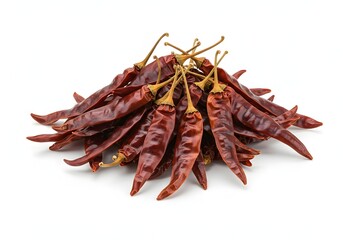 Obraz premium Pile of dried chili peppers with stems on a white background.