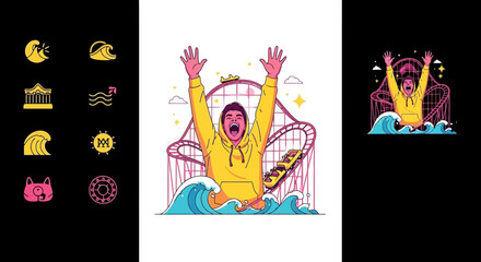 Fototapeta premium Cartoon illustration showing a thrilling roller coaster ride amidst ocean waves scene