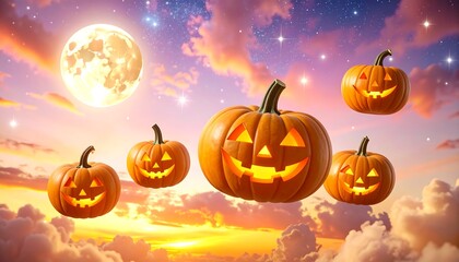 A vibrant composite depicting Halloween with carved pumpkins, a glowing moon, and a sunset-colored, cloud-filled sky. 