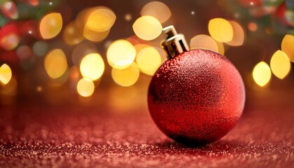 Fototapeta premium Close Up Of A Glittering Red Christmas Ornament With A Soft Focus Background Of Warm Lights And Sparkling Glitter For Holiday Decor