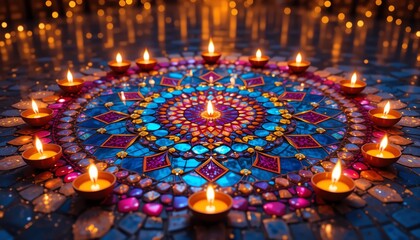 Colorful Glass Mosaic Rangoli with Glowing Diyas for Diwali template for Festive Desktop Wallpaper, Greetings, Banners, Event Promotions, Sales etc