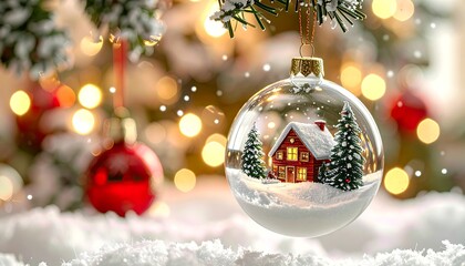 Festive ornament; a tiny snow-covered cottage sits inside, with soft, bokeh lights and snow