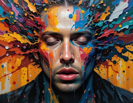 Man's head exploding with vibrant, colorful abstract paint, symbolizing creativity and imagination.