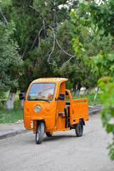 Orange electric cargo tuk tuk in the park