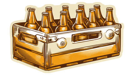 Vintage Beer Crate with Nine Bottles in a Retro Sticker Artwork Style