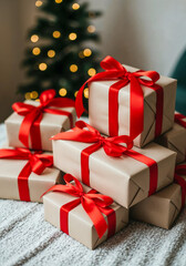 Obraz premium Christmas presents with red ribbons stacked near a christmas tree