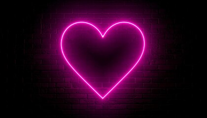 Glowing pink heart, neon light against dark brick wall background, simple and romantic